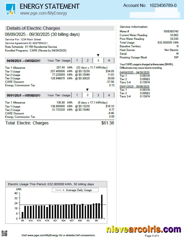 USA PG&E utility bill, 3 pages, 3rd page